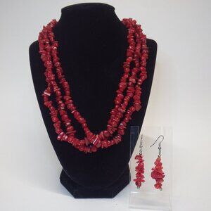 Coral Chip Style Red Abalone Necklace/Earring Set Silver 18" Statement jewelry